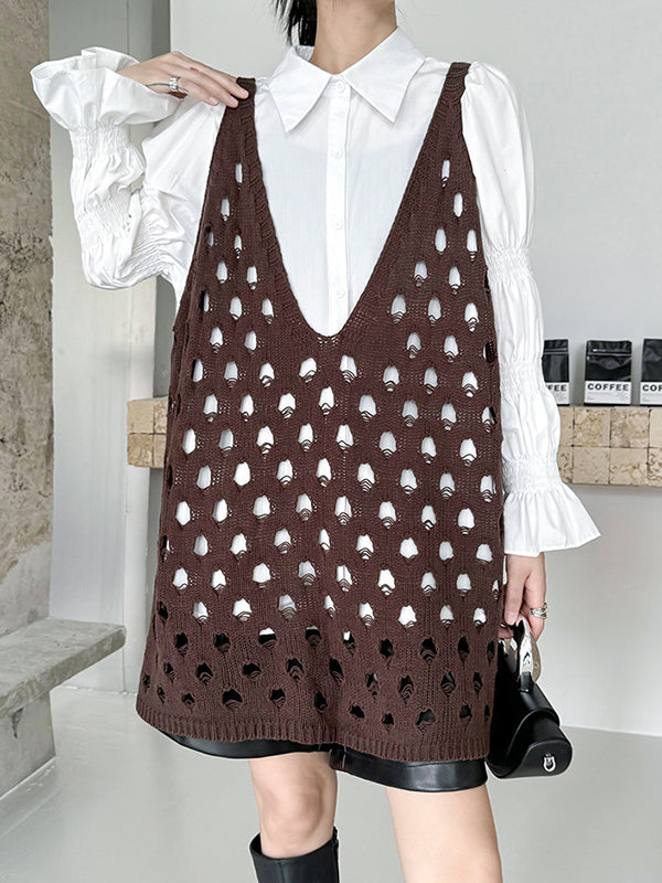 Hollow Solid Color Loose Sleeveless V-Neck Vest Top