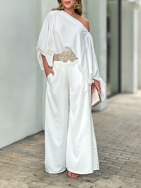 Loose Solid Color Cap Sleeve Off-the-shoulder Blouses & Pants Two Pieces Set