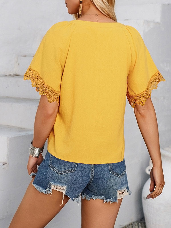 Solid Color Split-Joint Loose V-neck T-Shirts Tops