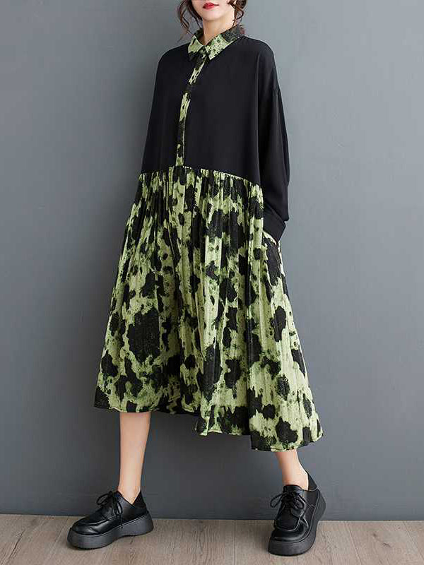 Buttoned Pleated Split-Joint A-Line High-Low Lapel Midi Dresses