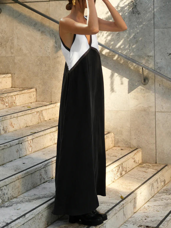 Contrast Color Split-Joint Loose Sleeveless Deep V-Neck Maxi Dresses