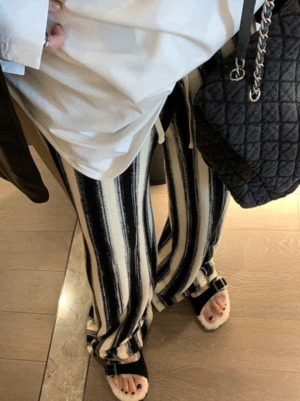 Casual Wide Leg Loose Drawstring Striped Pants