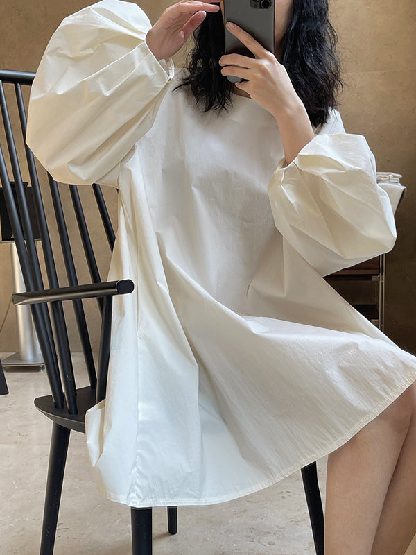 Urban Puff Sleeves Solid Color Round-Neck Mini Dress