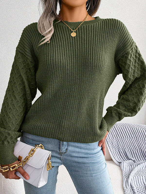 Cable Knit Solid Color Long Sleeves Loose Round-Neck Sweater Tops