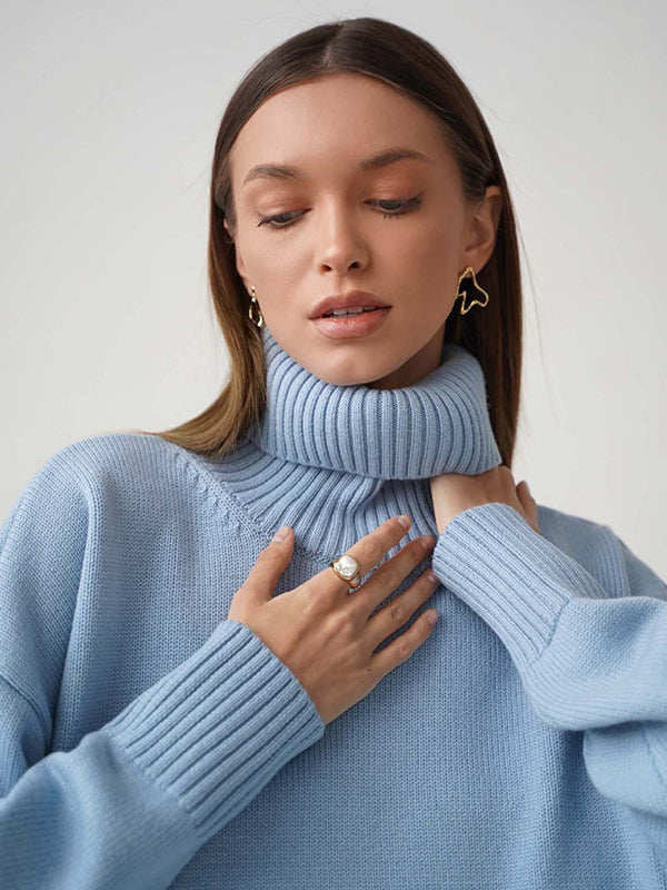 Casual Long Sleeves Loose Solid Color High-Neck Sweater Tops