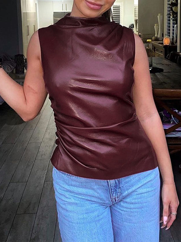 Asymmetric Pleated Solid Color Skinny Sleeveless Mock Neck Vest Top