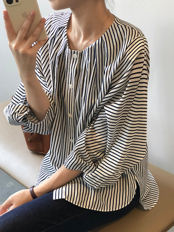 Trendy Tops Three-Quarter Sleeves Batwing Sleeves Striped Round-Neck Blouses