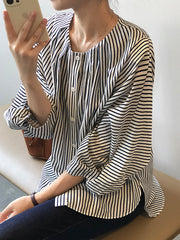 Trendy Tops Three-Quarter Sleeves Batwing Sleeves Striped Round-Neck Blouses