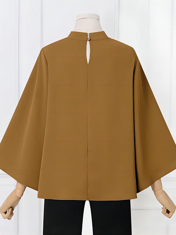 Solid Color Flared Sleeves Loose Stand Collar T-Shirts Tops
