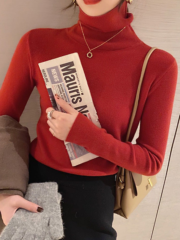 Simple Skinny Long Sleeves Solid Color High-Neck Pullovers