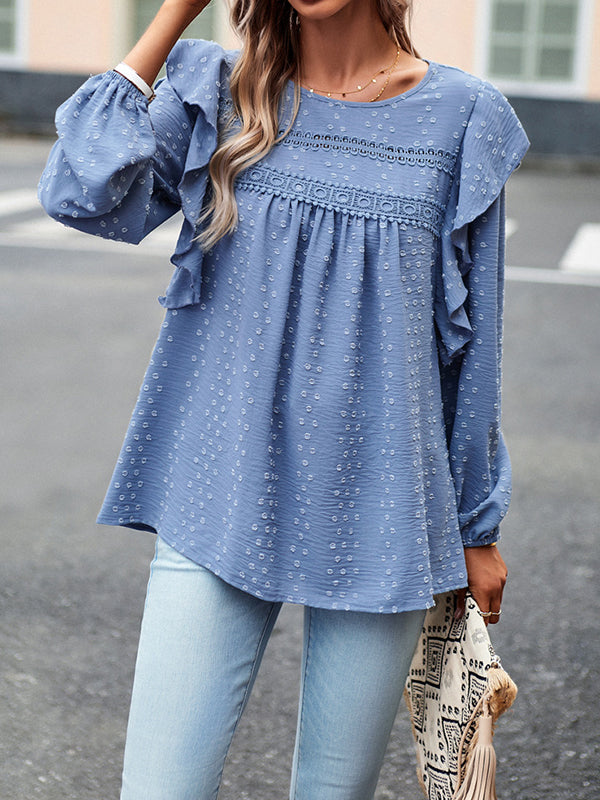 Hollow Jacquard Solid Color Split-Joint Loose Puff Sleeves Round-Neck T-Shirts