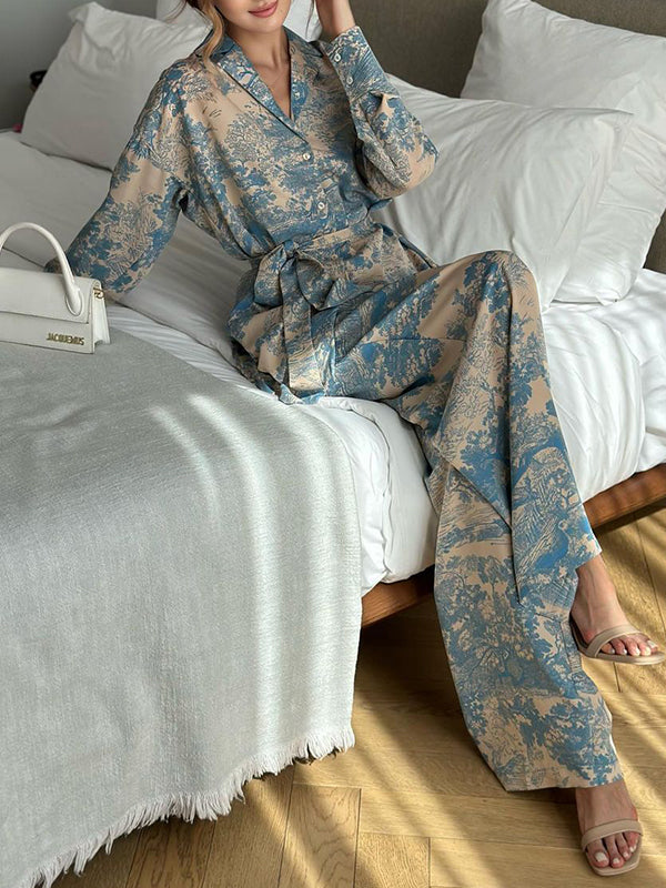 Printed Long Sleeves Buttoned Tied Waist Notched Collar Shirts Top + High Waisted Pants Bottom Two Pieces Set