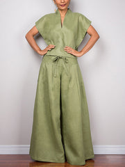 High Waisted Loose Drawstring Pleated Solid Color Split-Joint Pants Trousers