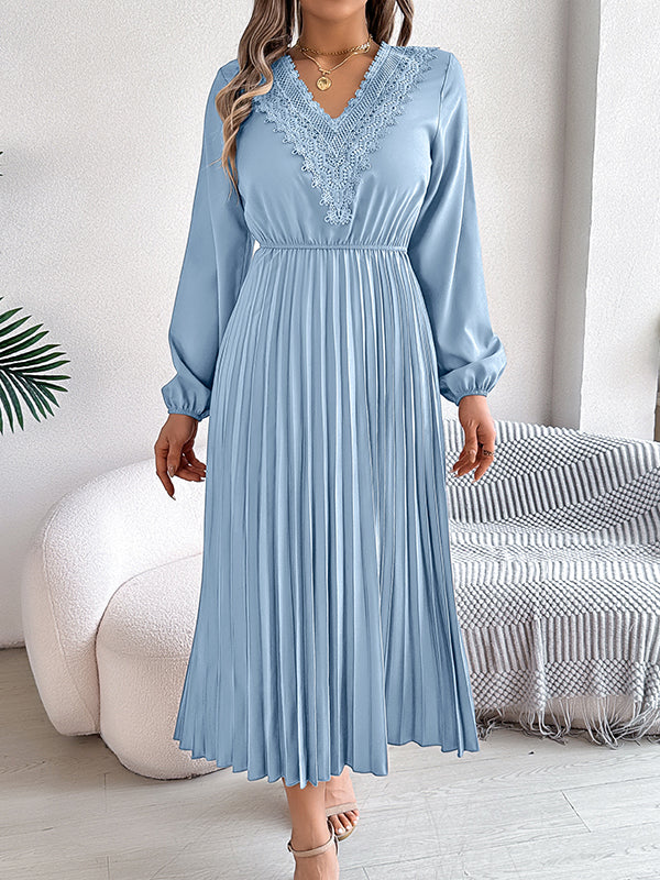 Pleated Solid Color Elasticated Waist High Waisted V-neck Midi Dresses