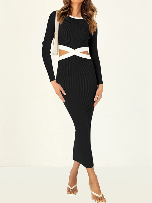 Hollow High Waisted Long Sleeves Round-Neck Midi Dresses