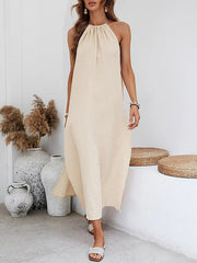 Backless Elasticity Pleated Solid Color Split-Side Tied High Waisted Loose Halter-Neck Midi Dresses