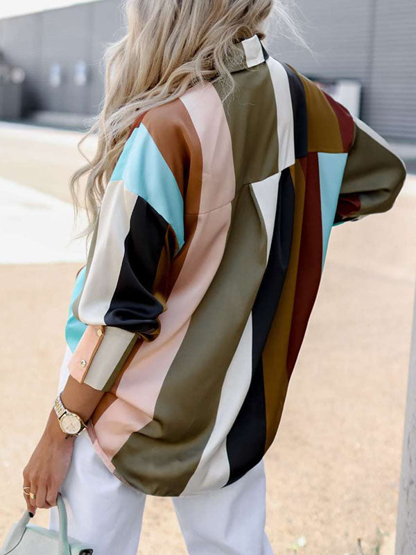 Contrast Color Printed Long Sleeves Loose Lapel Blouses