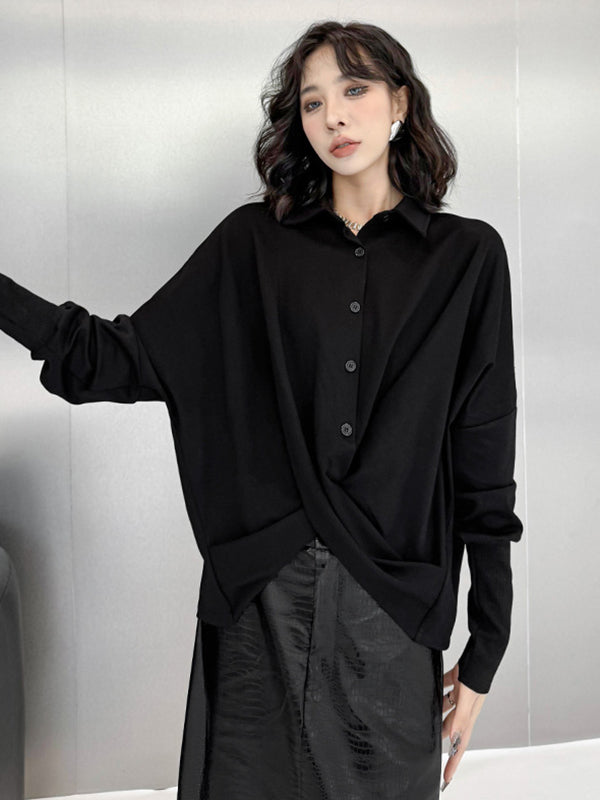 Buttoned Solid Color Twist Hipster Irregularity Lapel Collar Blouses&Shirts Tops