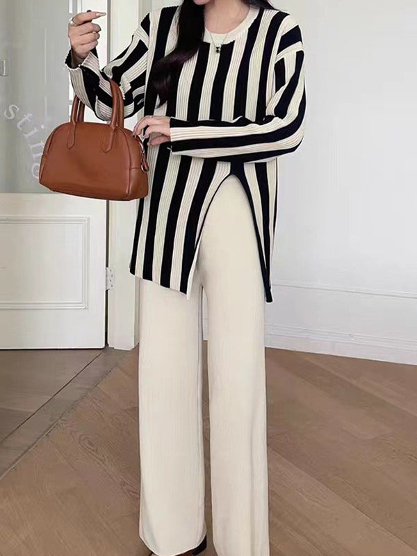 Round-Neck Long Sleeves Loose Pleated Split-Front Striped T-shirt Top + Pants Bottom Two Pieces Set