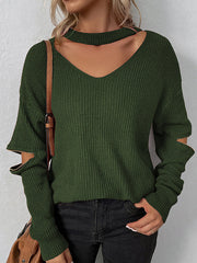 Hollow Solid Color Zipper Long Sleeves Loose V-Neck Sweater Tops Pullovers
