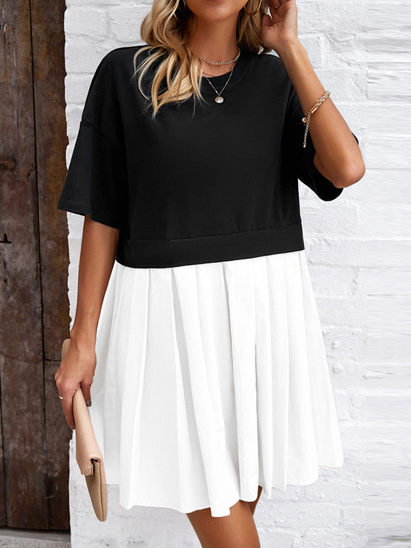 Contrast Color Pleated Split-Joint A-Line Half Sleeves Round-Neck Mini Dresses
