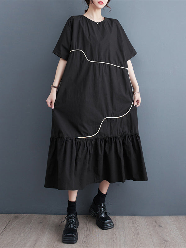 Pleated Split-Joint Loose Short Sleeves Round-Neck Midi Dresses