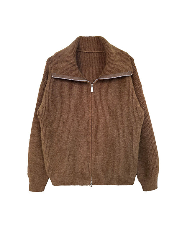 Solid Color Zipper Long Sleeves Loose Lapel Cardigan Tops