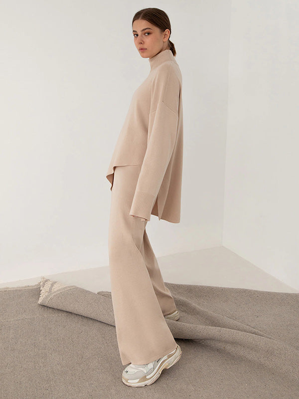 Casual Solid Color Irregularity High-Neck Sweater& Wide Leg Pants Suits
