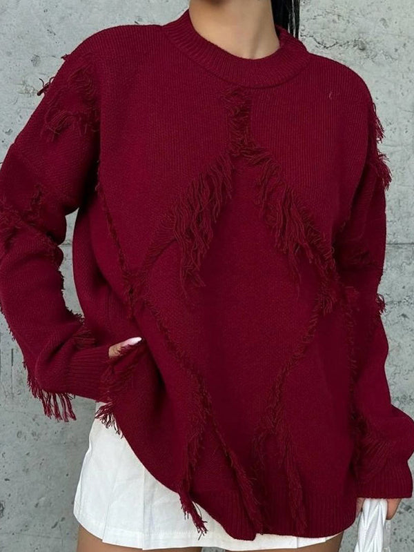 Solid Color Tasseled Long Sleeves Loose Round-Neck Sweater Tops Pullovers