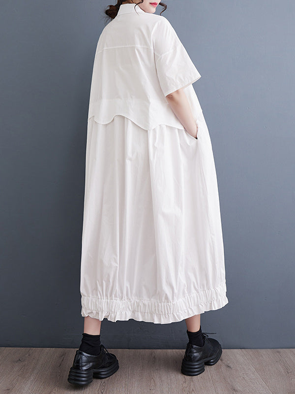 Elasticity Pleated Split-Joint Loose Short Sleeves Lapel Midi Dresses