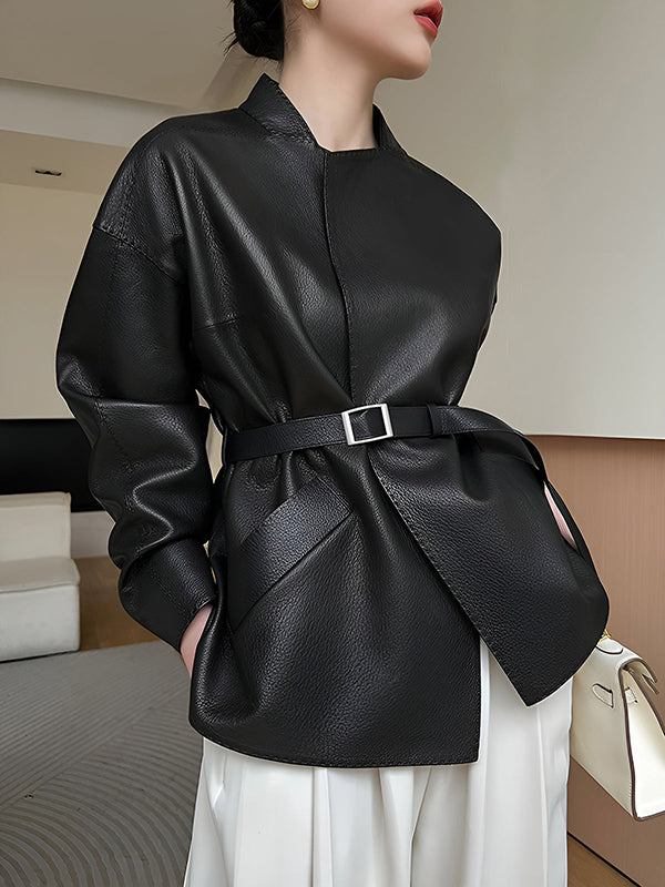 Belted Solid Color Long Sleeves Loose Stand Collar Outerwear Jackets