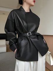 Belted Solid Color Long Sleeves Loose Stand Collar Outerwear Jackets