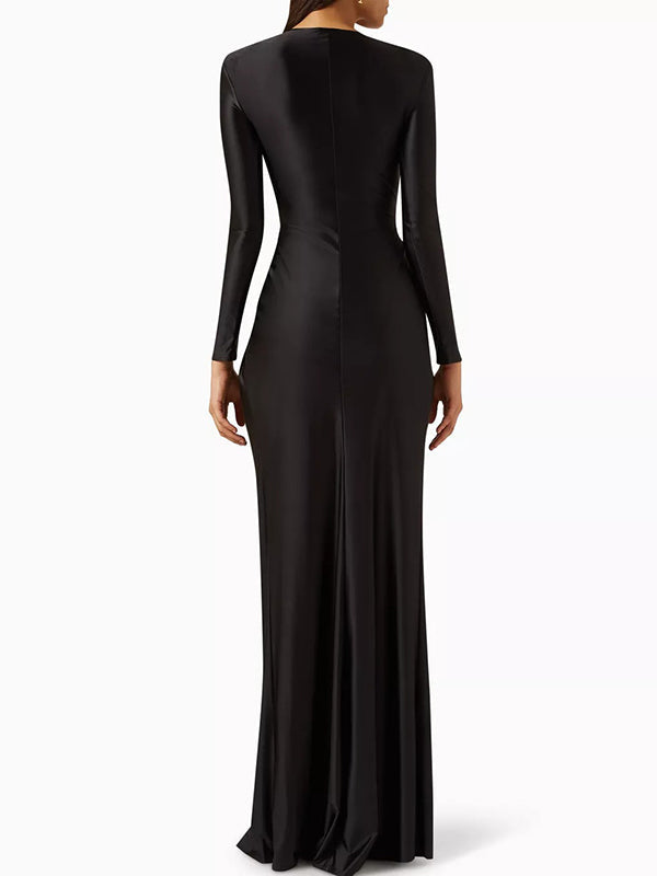 Solid Color Bodycon Long Sleeves Pleated  Split-Front Tied Waist Deep V-Neck Maxi Dresses