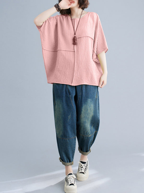 Solid Color Split-Joint Batwing Sleeves Loose Round-neck T-Shirts Tops