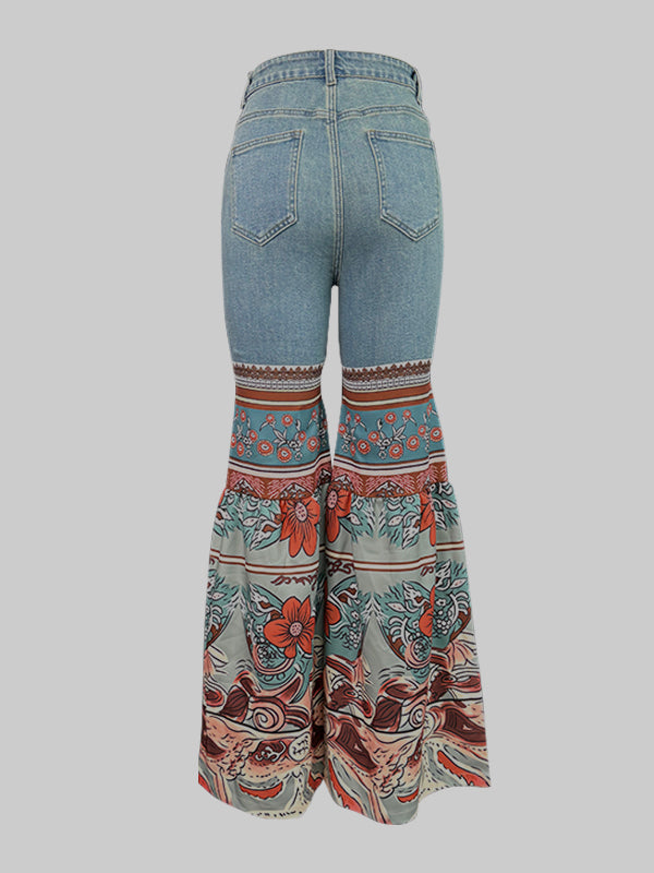 Floral Printed High-Waisted Pockets Flared Pants Jean Pants Bottoms