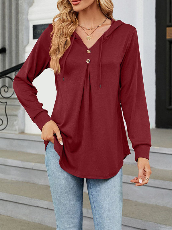 Buttoned Drawstring Hooded Solid Color Long Sleeves Loose V-Neck T-Shirts Tops