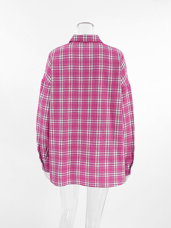 Buttoned Plaid Pockets Long Sleeves Loose Lapel Blouses&Shirts Tops
