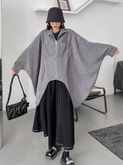 Casual Batwing Sleeves Loose Drawstring Zipper Stand Collar Jackets&Coats