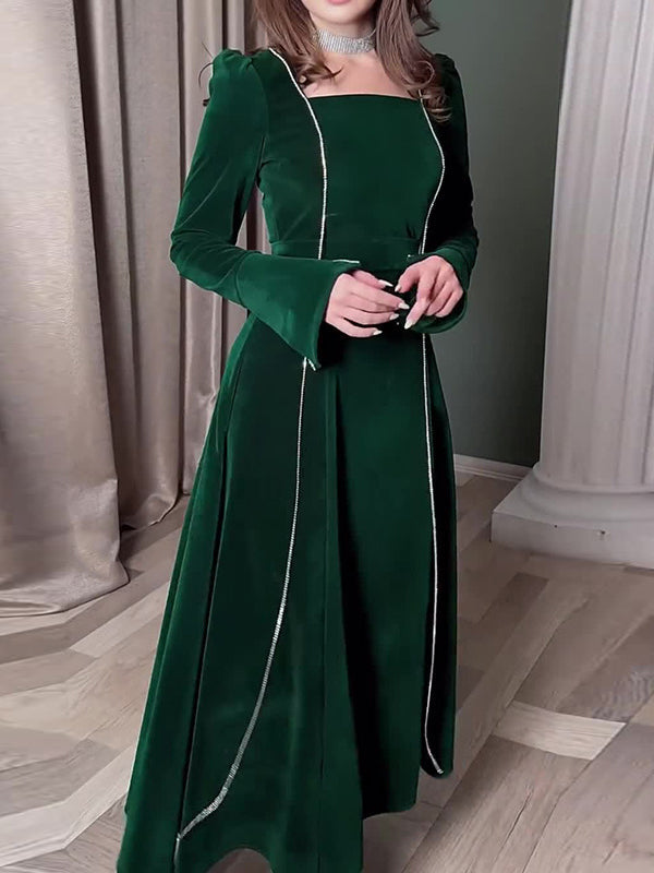 Long Sleeves Wrap Bandage Belted Contrast Color Square-Neck Maxi Dresses