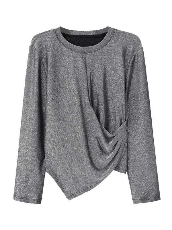 Asymmetric Solid Color Hipster Long Sleeves Round-Neck T-Shirts Tops