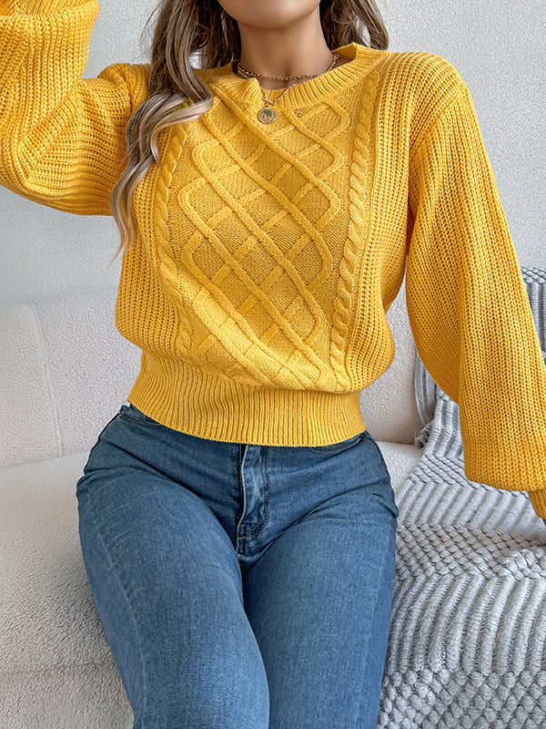 Cable Knit Solid Color Elasticated Waist Long Sleeves Round-Neck Sweater Tops Knit Top