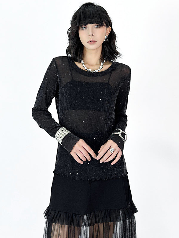 See-Through Shiny Long Sleeves Loose Round-Neck T-Shirts Tops
