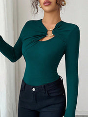 Solid Color Split-Joint Long Sleeves Skinny Asymmetric Collar T-Shirts