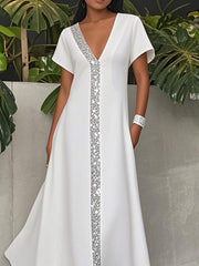 A-Line Loose Pockets Shiny Solid Color V-Neck Maxi Dresses