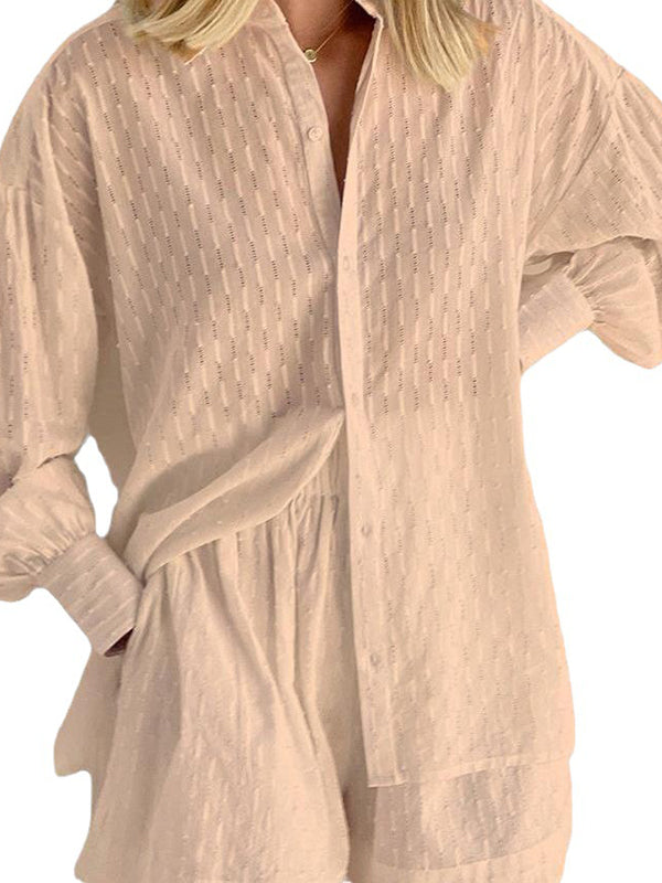 Buttoned Jacquard High-Low Long Sleeves Solid Color Lapel Shirts Top +Shorts Bottom Two Pieces Set