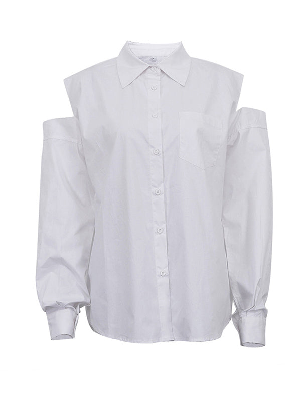 Buttoned Fringed Hollow Pockets Solid Color Split-Joint Long Sleeves Loose Lapel Blouses&Shirts Tops