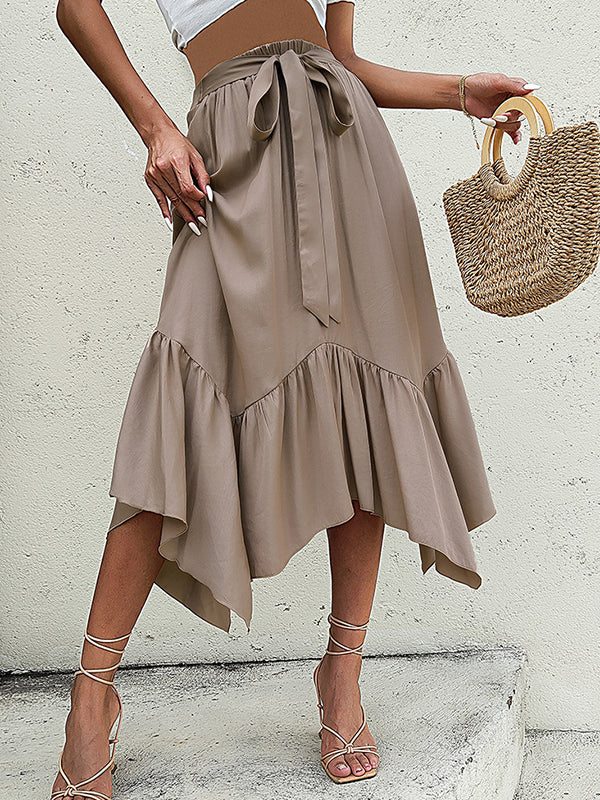 Belted Pleated Solid Color Split-Joint Irregular clipping Loose Skirts