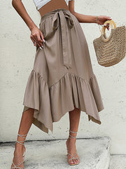 Belted Pleated Solid Color Split-Joint Irregular clipping Loose Skirts