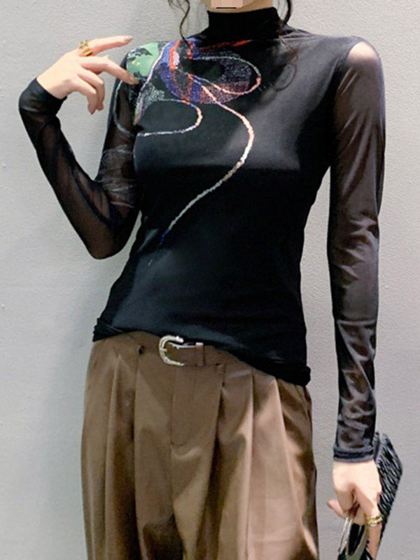 Printed See-Through Split-Joint Long Sleeves Plus Size High Neck T-Shirts