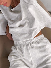 Round-Neck Long Sleeves Loose Elasticity Solid Color Shirts Top + Shorts Bottom Two Pieces Set
